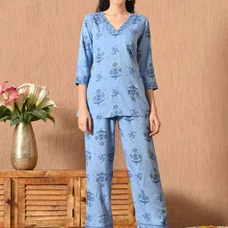 Dipani Floral Printed Pure Cotton V-Neck Top With Trousers Co-Ords-picture-12