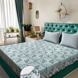 Myntra Elegant Homes Green Geometric Pure Cotton 400TC Fitted King Bedsheet Set-2.5mX2.25m-image-15