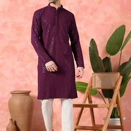 7 GEN Men Embroidered Mandarin Collar Thread Work Kurta with Pyjama-image-67