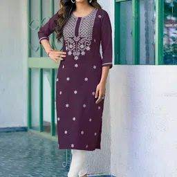 KALINI Floral Embroidered Thread Work Round Neck Cotton Straight Kurta-image-34