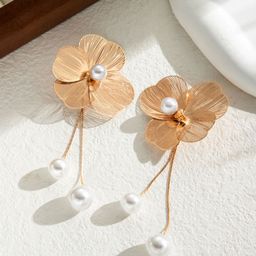 MEENAZ Korean Gold-Plated Pearls Floral Shaped Drop Earrings-picture-4