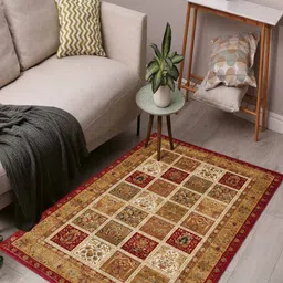 OBSESSIONS Beige Ethnic Motifs Anti-Skid Polypropylene Carpet-78