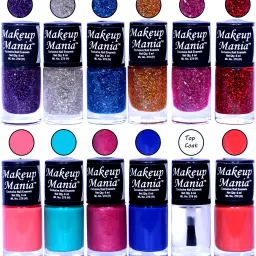 HD Color Nail Polish (Combo MM-144) 6 Zari Shades, Light Pink, Turqoise, Blue, Top Coat, Coral-image-61
