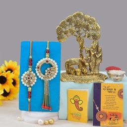 CraftVatika 5-Pcs Radha Krishan With Greeting Card & Roli Chawal Rakhi Gift Set-45