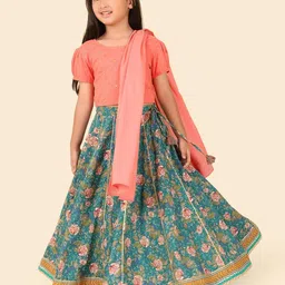 Fabindia Girls Floral Printed Cotton Ready to Wear Lehenga & Blouse With Dupatta-picture-36