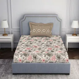 SPACES Cream-Coloured Floral 100% Cotton 144 TC Single Bedsheet with 1 Pillow Cover-picture-3