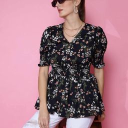 SHEETAL Associates Floral Print Puff Sleeve Crepe Top-image-83