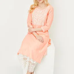 max Women Embroidered Cold-Shoulder Sleeves Chikankari Anarkali Kurta-image-12