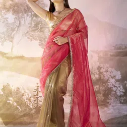 HERE&NOW Colourblocked Sequinned Supernet Tussar Saree-image-32