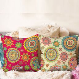 Indigifts 2-Pcs Red & Beige Printed Square Cushion Covers-32