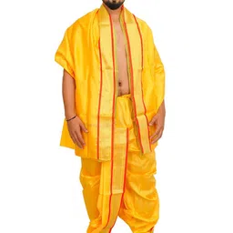 Exotic India Art Silk Ready to Wear Dhoti and Veshti Set with Woven Golden Border-picture-35