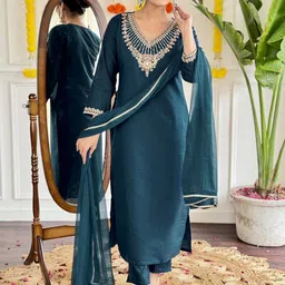 SUPPAR SLEAVE Teal Cotton Blend Kurta Sets-52