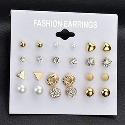 PolluxCraft Set of 12 Gold-Plated Stones Studded And Beaded Circular Shaped Korean Studs-40