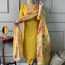 KALINI Floral Embroidered Straight Thread Work Chanderi Silk Kurta With Trousers & Dupatta-image-97