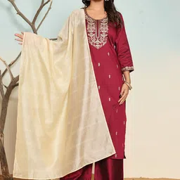 SUAAC Floral Embroidered Thread Work Straight Kurta With Palazzo & Dupatta-38