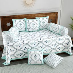 BLOCKS OF INDIA 8 Pcs White & Turquoise Blue Ethnic Motif Printed Pure Cotton Diwan Set-48