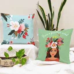 STITCHNEST Blue & Green Set of 2 Floral Square Cushion Covers-9