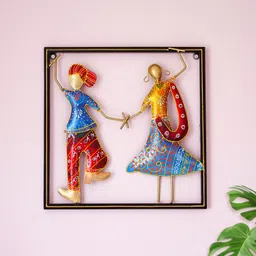 Ekhasa Blue & Red Textured Metal Rajasthani Couple Wall Hanging Decor-8