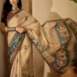 Sangria Beige Pure Linen Printed Sarees-picture-24