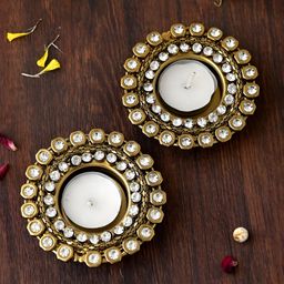 Aapno Rajasthan White & Gold-Toned 2 Pieces Stone Studded Metal Candle Holders-image-10