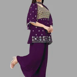PARROT CREATIONEmbroidered Straight Sequinned Kurti With Palazzos And Dupatta-image-86