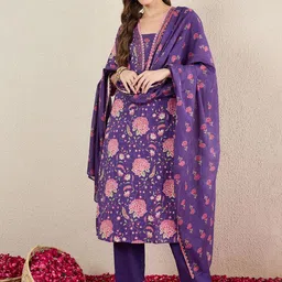 Indo Era Women Floral Printed Cotton Kurta with Trousers & Dupatta-22