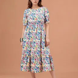 all about you Floral Printed Puff Sleeve Cotton Fit & Flare Midi Dress-image-54