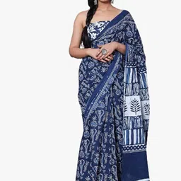 JALTHER Blue & White Ethnic Motifs Pure Cotton Block Print Saree-66