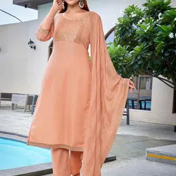 Royal Export Floral Woven Yoke Design Straight Zari Kurta With Trousers & Dupatta-image-98