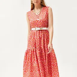 Olalook Floral Printed Sleeveless Belted Fit & Flare Dress-image-7
