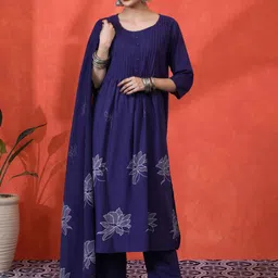 Sangria Floral Printed Pure Cotton A-Line Kurta And Trousers With Dupatta-picture-43