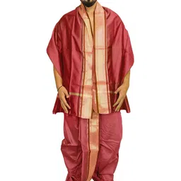 Exotic India Ready to Wear Dhoti and Veshti Set with Woven Golden Border-image-86