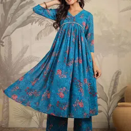 Janasya Floral Printed V-Neck Empire Gotta Patti Georgette A-Line Kurta with Trouser-picture-3