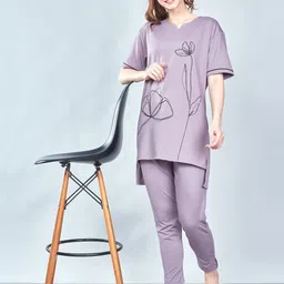 Sonari Women Floral Printed V-Neck Kurti & Pyjamas Night Suits Sets-image-69