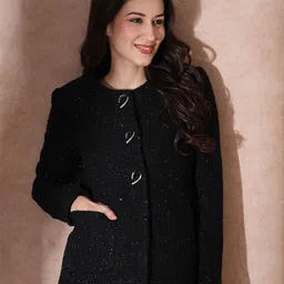 Globus Women Round Neck Shimmer Self Design Single-Breasted Overcoat-15