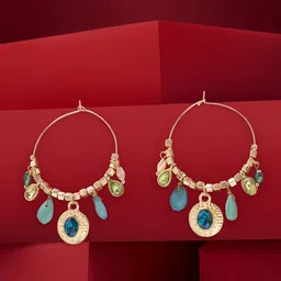 AMI Gold-Plated Artificial Stones Studded & Beaded Contemporary Hoop Earrings-image-12
