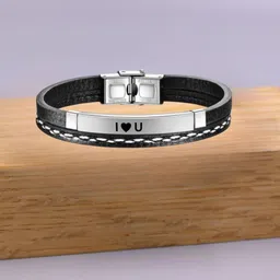 M Men Style Silver-Plated Stainless Steel I love Leather Wraparound Bracelet-image-46
