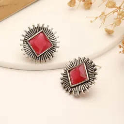 Saraf RS Jewellery Rhodium Plated Artificial Stones Studded Oxidised Geometric Studs-4