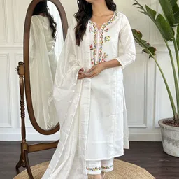 CANBIA Floral Yoke Design Thread Work Chanderi Silk Straight Kurta With Trousers & Dupatta-picture-51