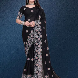 SILKWEAR Floral Embroidered Pure Georgette Heavy Work Saree-image-76