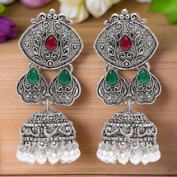 Sangria Silver-Plated Oxidised Artificial Stones Studded & Beads Beaded Jhumkas-32