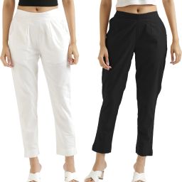 Pack of 2 Women Regular Fit White, Black Pure Cotton Trousers-image-84