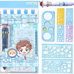 Geometric Drawing Ruler Set 8pcs Drawing Set for Kids 10 color ball pen Ruler-image-67