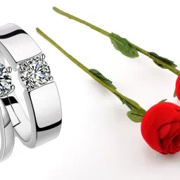 Valentine Day Gift Couple Ring With Beautiful Red Rose Box Alloy Cubic Zirconia Platinum Plated Ring Set-image-52