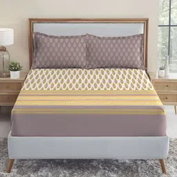MYTRIDENT Purple Ethnic Motifs 210 TC Cotton Fitted King Bedsheet with 2 Pillow Covers-picture-38