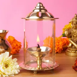 Small Brass Akhand Diya with Glass Cover Brass Table Diya-image-27
