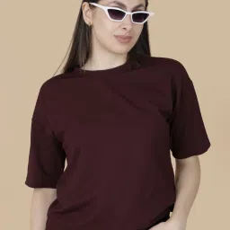 Women Self Design Round Neck Wool Blend Maroon T-Shirt-image-23