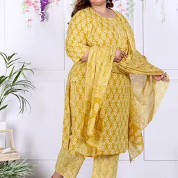 KALINI Floral Printed Regular Sequinned Pure Cotton Kurta with Trouser & With Dupatta image 3