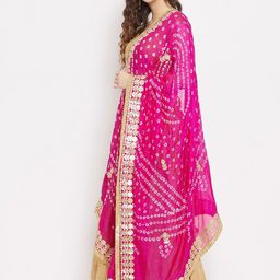Clora Creation Magenta & White Bandhani Tie and Dye Dupatta with Gotta Patti image 5