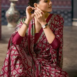 anouk rustic Anouk Ajrak Block Pure Crepe Block Print Saree image 4